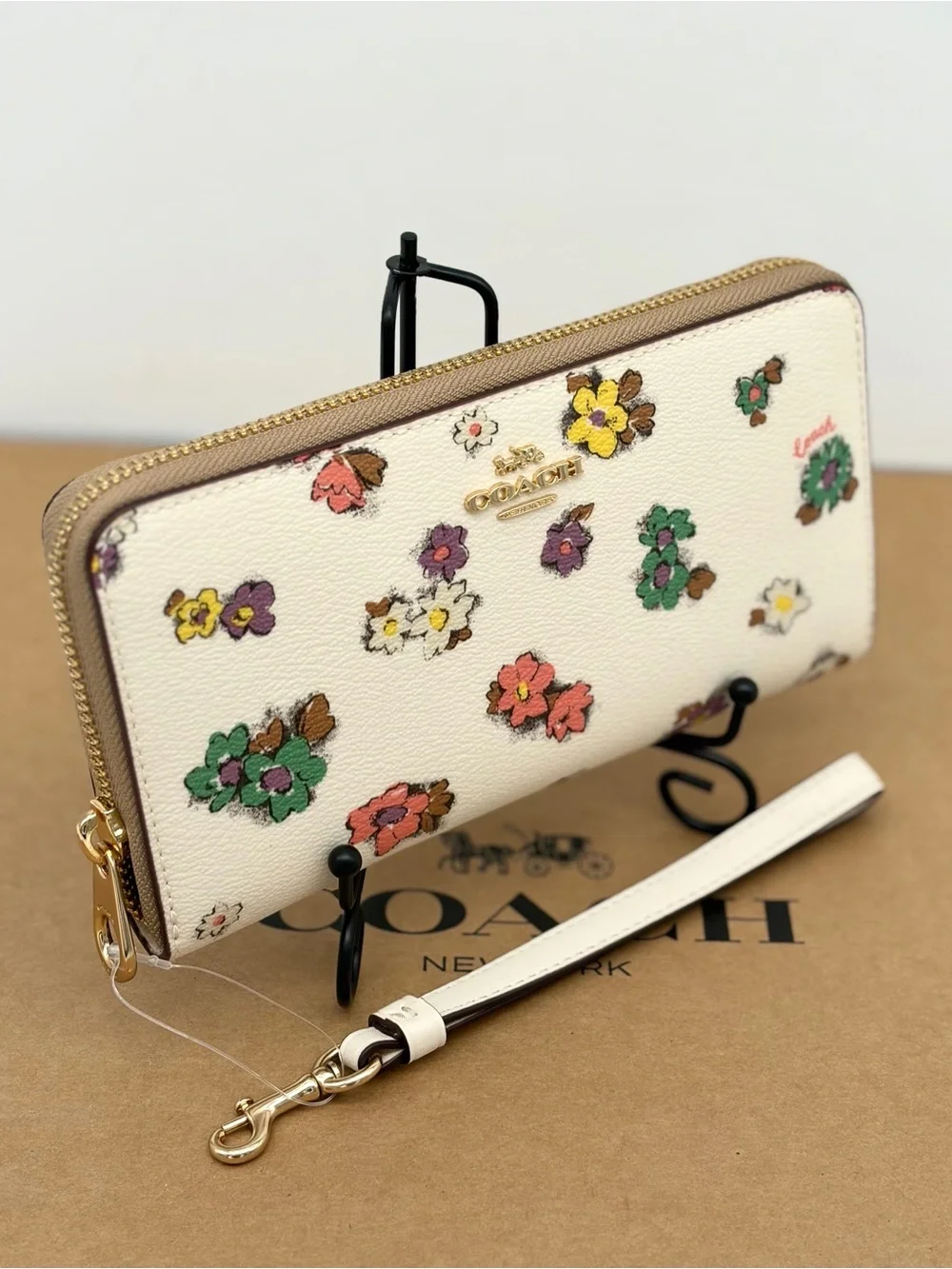 Coach Cream Floral Zip Wristlet Wallet with Multicolor Blooms
